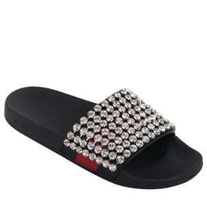 GUCCI Blue Red Calfskin Leather Web Crystal Embellished Sandals Slides Sz 40